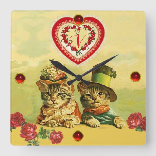 FUNNY OLD FASHION VALENTINES DAY CATSHeartsRoses Square Wall Clock