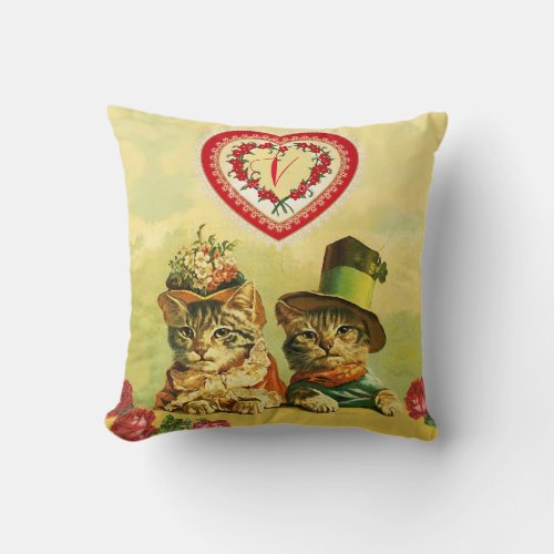 FUNNY OLD FASHION VALENTINES DAY CATSHeartsRoses Throw Pillow