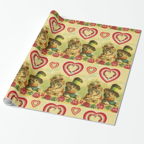 FUNNY OLD FASHION VALENTINES DAY CATSHeartsRoses Wrapping Paper