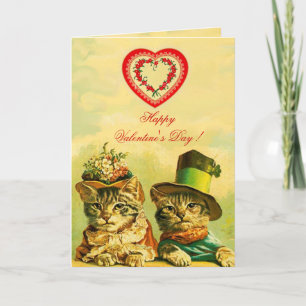 FUNNY OLD FASHION VALENTINE'S DAY CATS WITH HEART HOLIDAY CARD