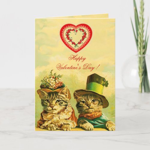 FUNNY OLD FASHION VALENTINES DAY CATS WITH HEART HOLIDAY CARD
