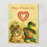 FUNNY OLD FASHION VALENTINE'S DAY CATS WITH HEART HOLIDAY POSTCARD