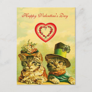 FUNNY OLD FASHION VALENTINE'S DAY CATS WITH HEART HOLIDAY POSTCARD
