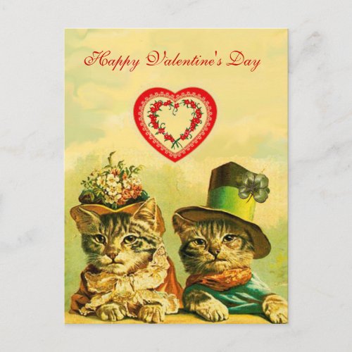 FUNNY OLD FASHION VALENTINES DAY CATS WITH HEART HOLIDAY POSTCARD