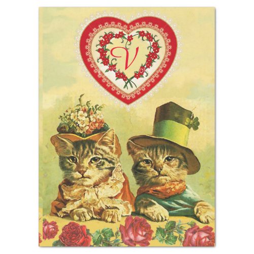 FUNNY OLD FASHION VALENTINES DAY CATS WITH HEARTS TISSUE PAPER