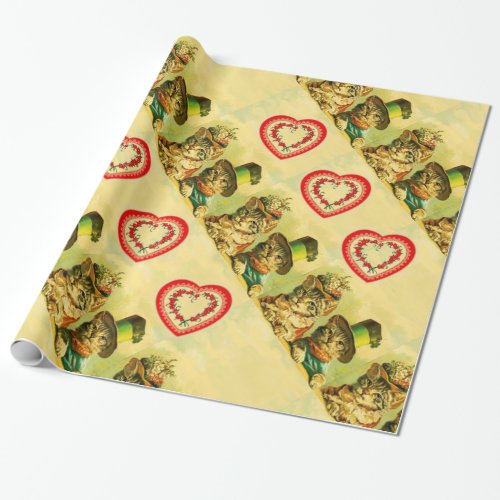 FUNNY OLD FASHION VALENTINES DAY CATS WITH HEARTS WRAPPING PAPER