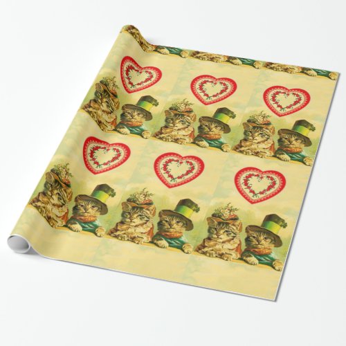 FUNNY OLD FASHION VALENTINES DAY CATS WITH HEARTS WRAPPING PAPER