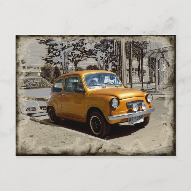 Funny old gold car postcard (Front)