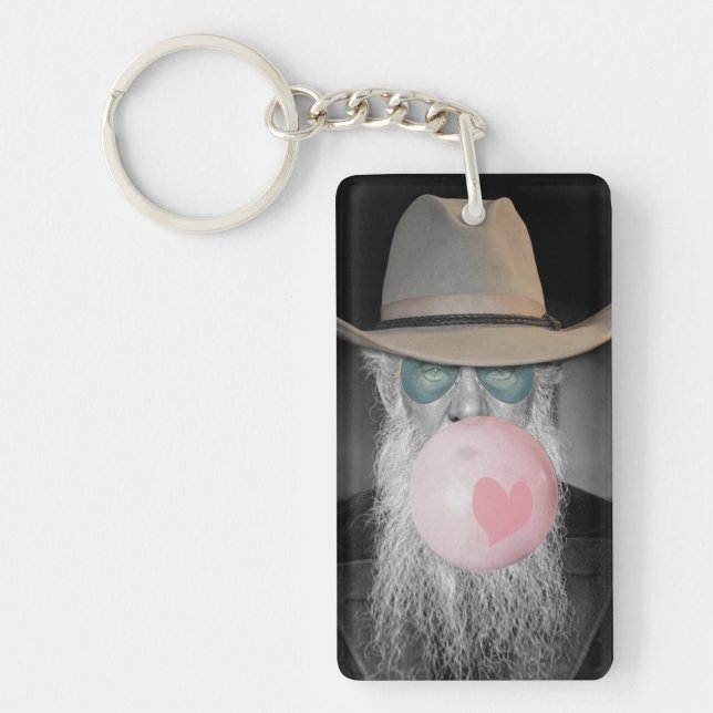 Funny Old Guy Blowing Bubble Gum and Heart Keychain (Front)