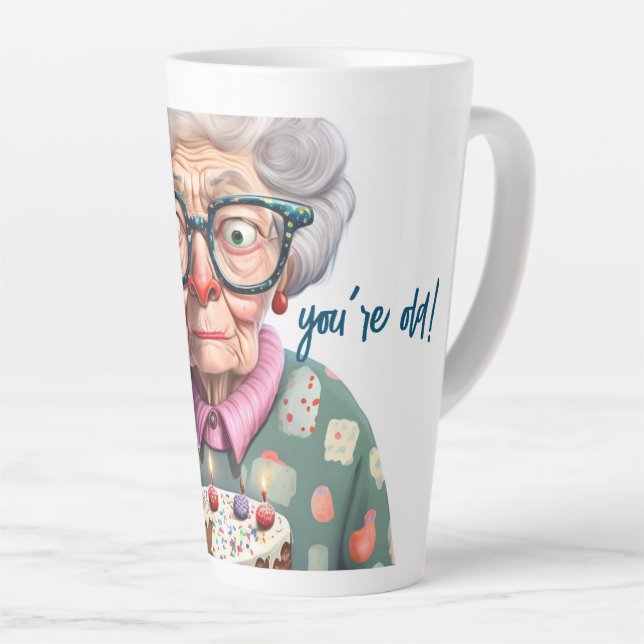 Funny Old Lady Cat Birthday Latte Mug (Right Angle)