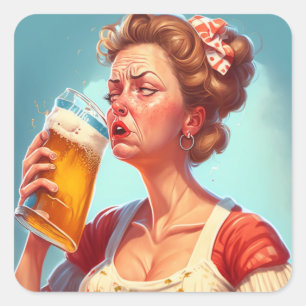 Funny Old Lady Drinking a Beer Square Sticker