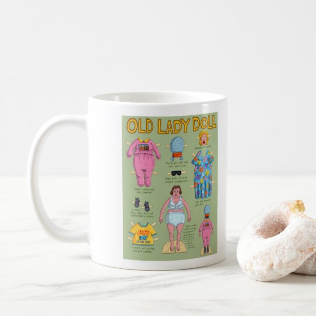FUNNY Old Lady Paper Doll Coffee Mug (With Donut)