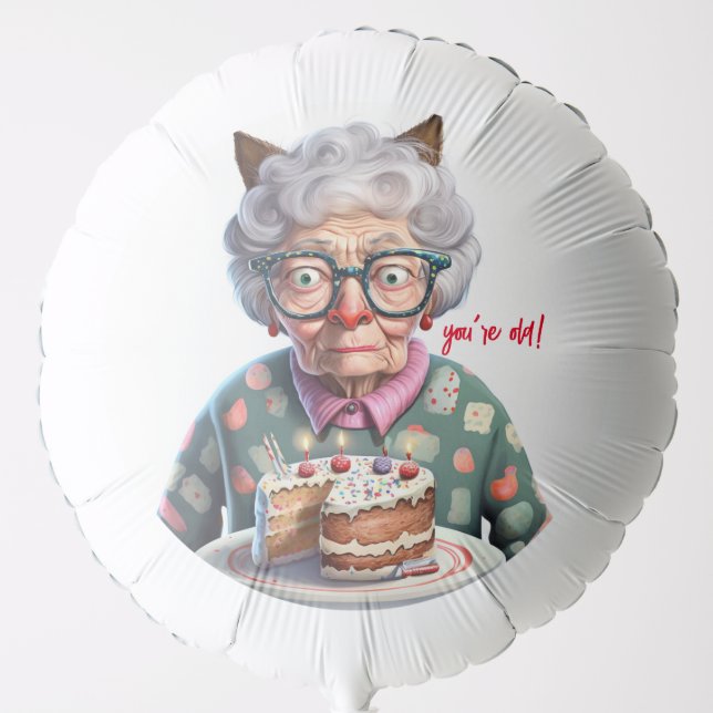 Funny Old Lady with Cat Ears Birthday Balloon (Front)