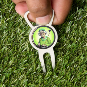 Funny Old Lady with Gold Club Divot Tool
