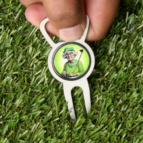 Funny Old Lady with Gold Club  Divot Tool