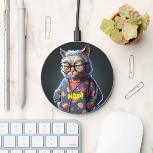Funny Old_Looking Lady Cat Birthday Wireless Charger