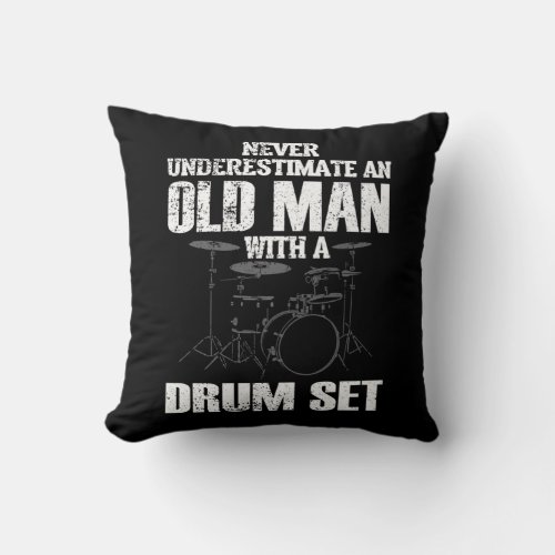 Funny Old Man Drum Set Drummer Men Drumming Throw Pillow