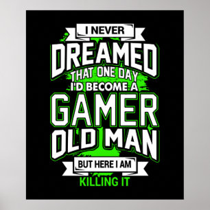 funny old man gamer word art game room poster