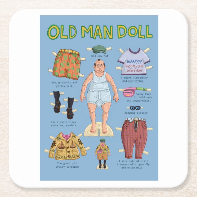 Funny Old Man Paper Doll Square Paper Coaster (Front)