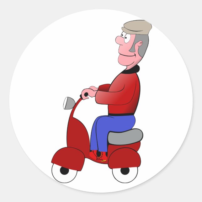 Funny Old Man Riding Red Scooter Classic Round Sticker (Front)