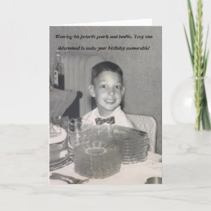 Funny old photo birthday card with bowtie & pearls
