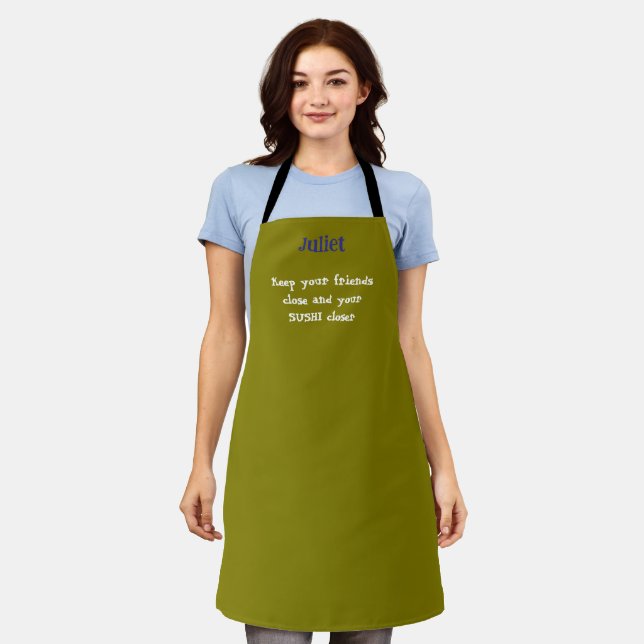 Funny Olive Green Keep Your Friends Close Apron (Worn)