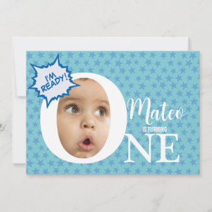 Funny One blue star birthday party invitations