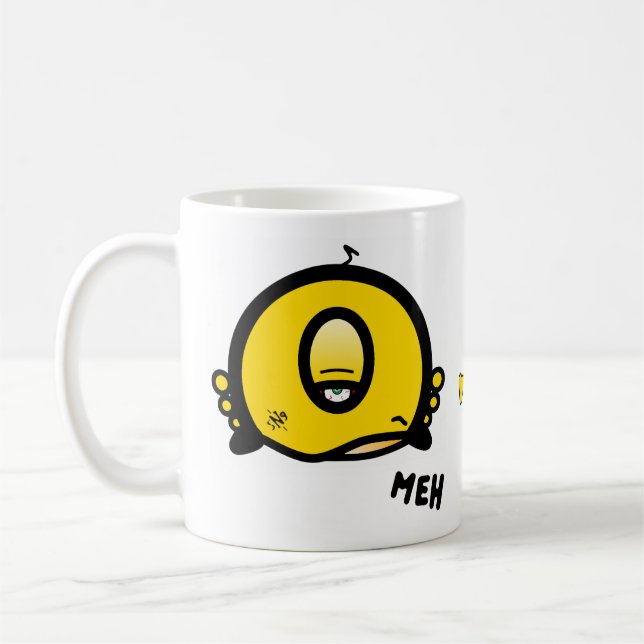 Funny One-Eyed Cartoon “Meh” Cofee Humor Coffee Mug (Left)