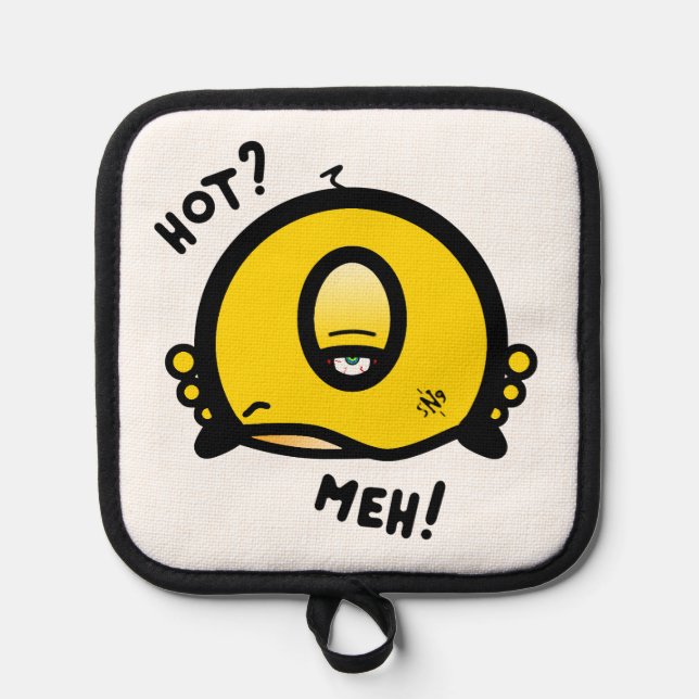 Funny One-Eyed Cartoon “Meh” Pot Holder (Front)