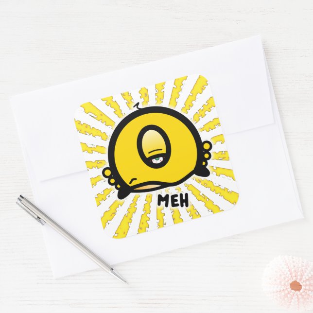 Funny One-Eyed Cartoon “Meh” Square Sticker (Envelope)