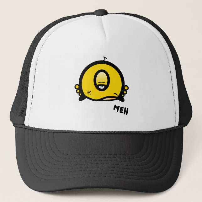 Funny One-Eyed Cartoon “Meh” Trucker Hat (Front)