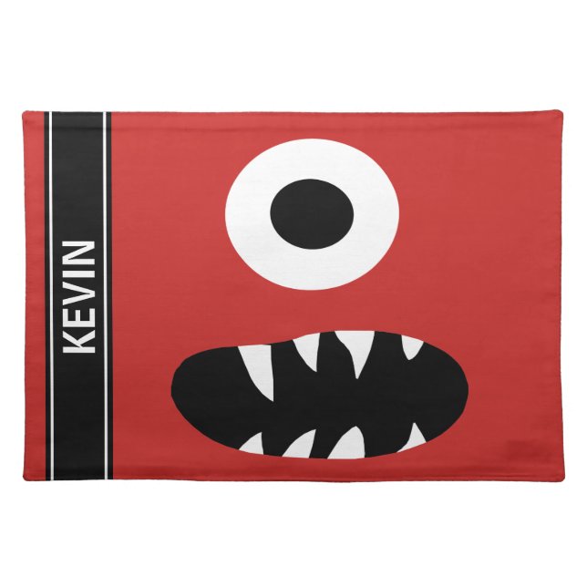 Funny One Eyed Monster Face Kids Personalized Red Placemat (Front)