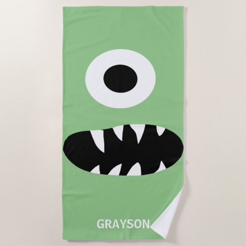 Funny One Eyed Monster Kids Personalized Green Beach Towel