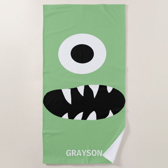 Funny One Eyed Monster Kids Personalized Green Beach Towel (Front)