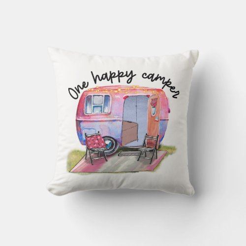 Funny One Happy Camper Vintage Pink Camper Throw Pillow