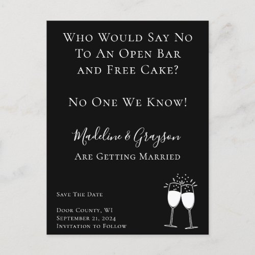 Funny Open Bar Free Cake Wedding Save The Date  Announcement Postcard