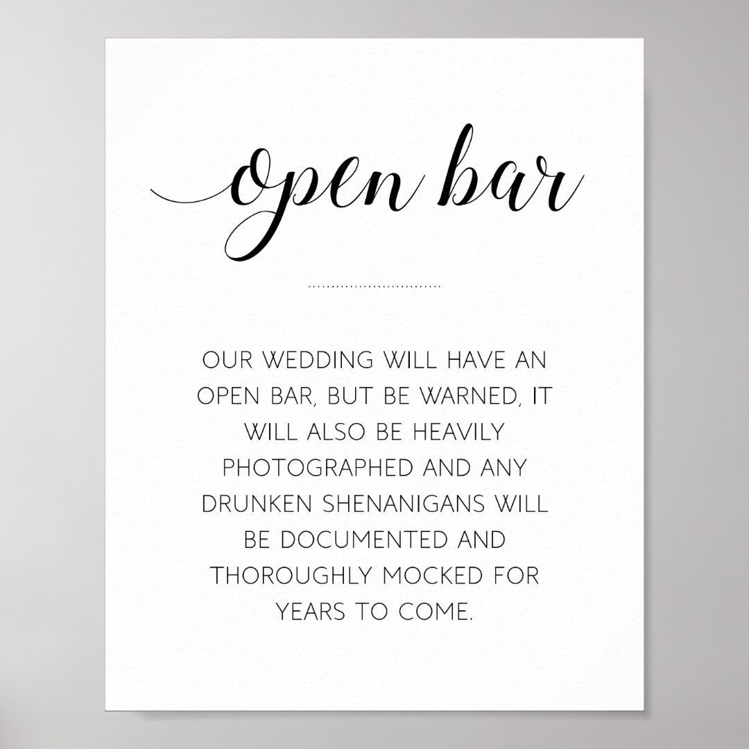 Funny Open Bar Wedding Sign Zazzle