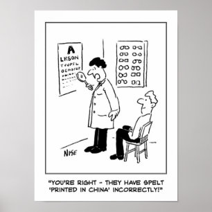 Funny Optician Cartoon has Optician and Eye-Test Poster