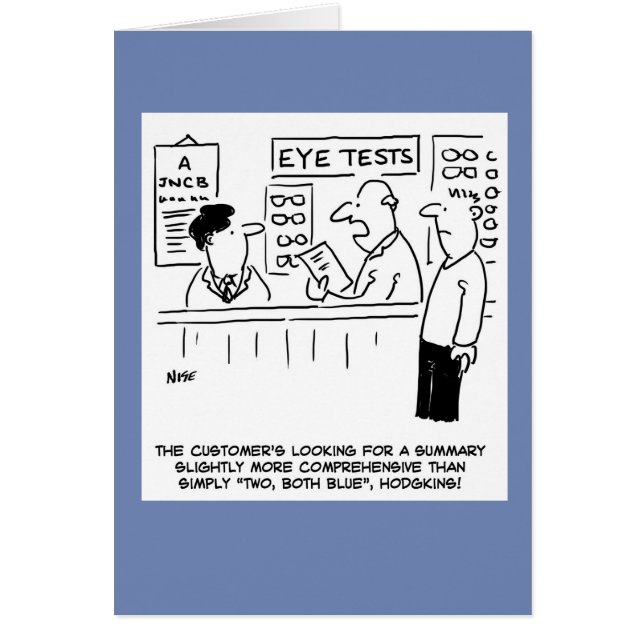 Funny Optician Giving an Over Simplistic Eye-Test Cards (Front)