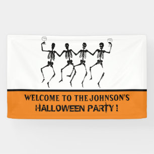 Funny Orange and Black Dancing Skeleton Halloween Banner