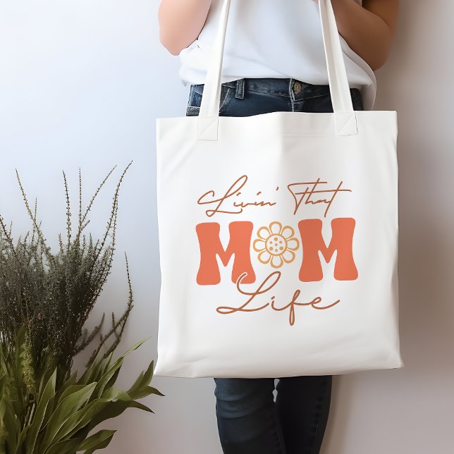 Funny Orange and Yellow Livin' That Mom Life Tote Bag (Creator Uploaded)