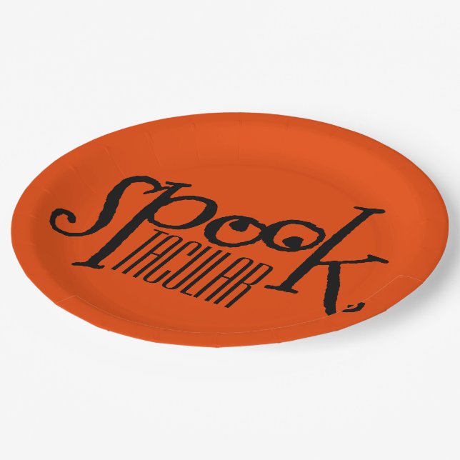 Funny Orange Black Eyeballs Spooktacular Pun Paper Plates (Angled)