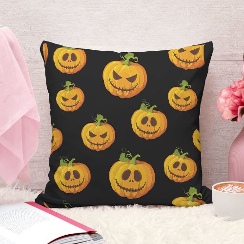 Funny Orange Carved Pumpkin Pattern Throw Pillow