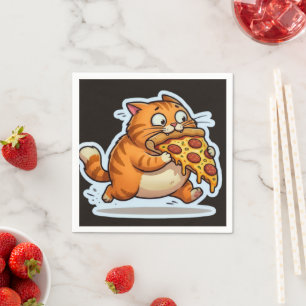 Funny Orange Cat Eating Pizza Cartoon Napkins