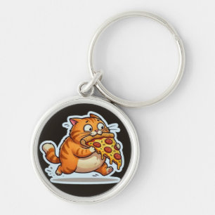 Funny Orange Cat Eating Pizza Graphic Keychain