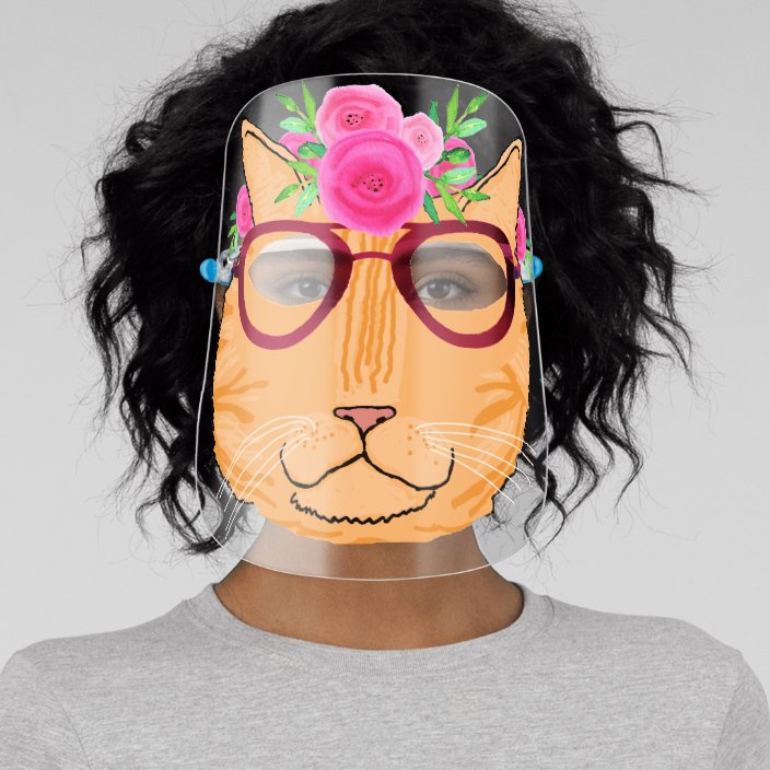 Funny Orange Cat Face Glasses Pink Floral Crown Face Shield