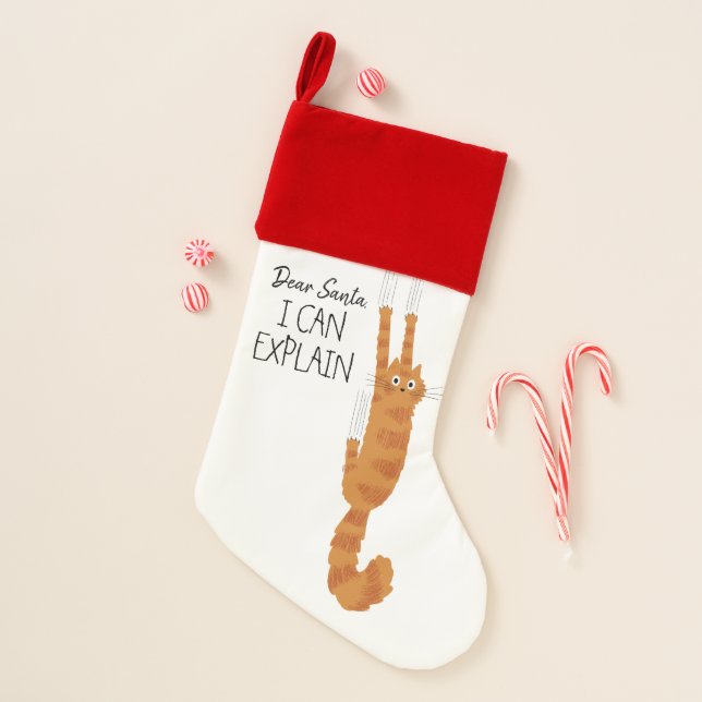 Funny Orange Cat Hanging On Holiday Christmas Stocking (Front)