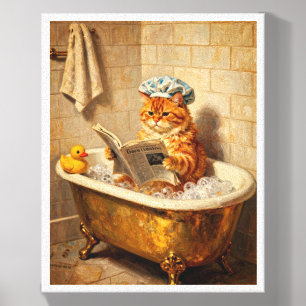 Funny Orange Cat in Bathtub Painting Canvas Photo Tile