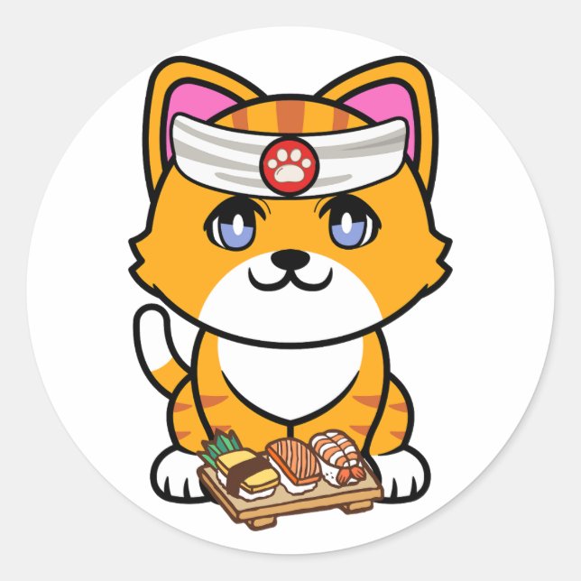 Funny orange cat is a sushi chef classic round sticker (Front)
