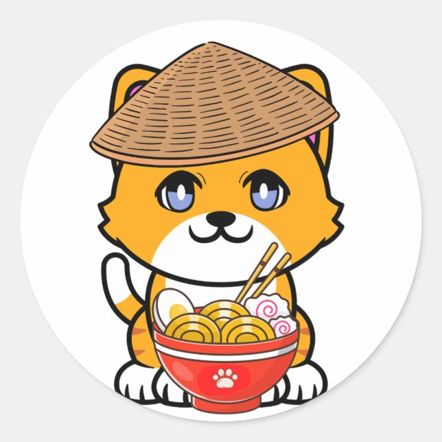 Funny orange cat is eating noodles classic round sticker (Front)